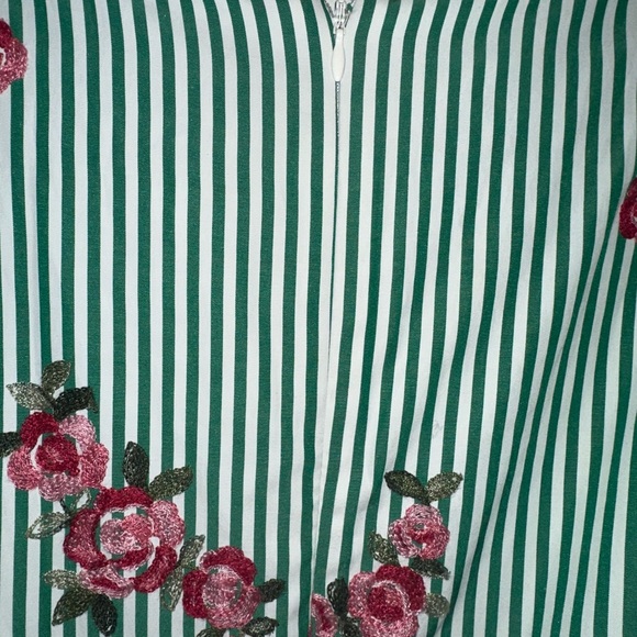 Nine West Green & Pink Striped Dress with Floral Appliqué, Ruffle Sleeve, & Belt - Picture 5 of 5
